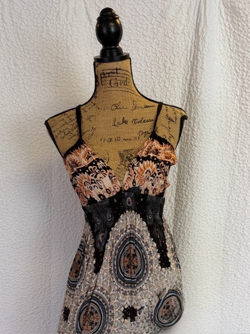 Bohemian Peacock Print Maxi Dress in Black and Tan Batik Made in Thailand XS